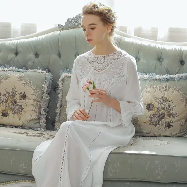 French Lace Cotton Nightgown – Long Sleeve Victorian Sleep Dress