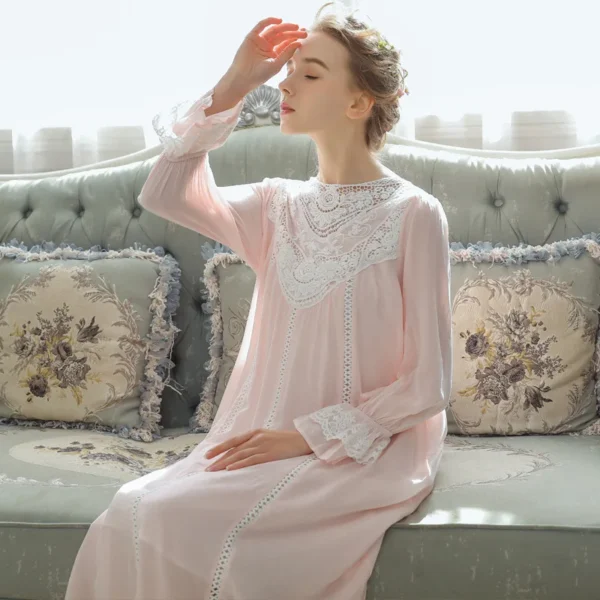 French Lace Cotton Nightgown – Long Sleeve Victorian Sleep Dress