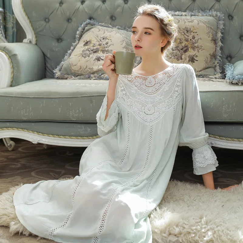 French Lace Cotton Nightgown – Long Sleeve Victorian Sleep Dress