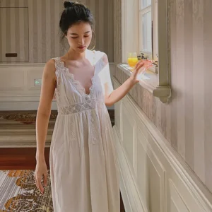 Vintage French Cotton Embroidered Nightgown, Victorian White Sleeveless V-Neck Sleep Dress