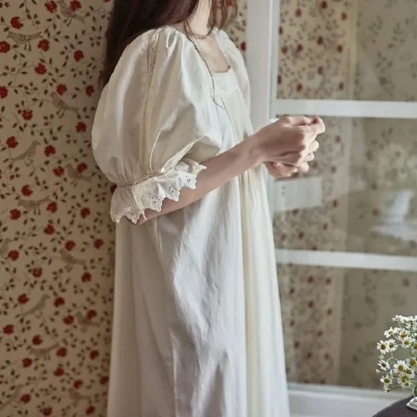Vintage Victorian Cotton Pintuck Nightgown – Ivory Square Neck Short Sleeve Sleep Dress