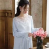 French Lace Cotton Nightgown – Long Sleeve Victorian Sleep Dress