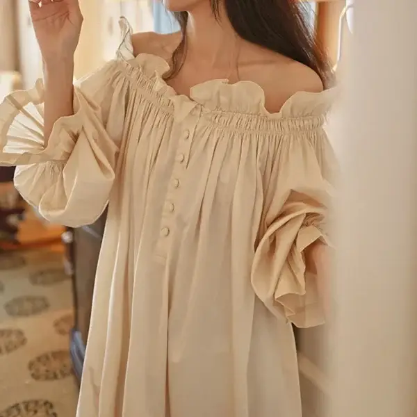 S1705f6caace440e5ac706c23843355c8v.webp Vintage Off-Shoulder Cotton Nightgown – Apricot Long Sleeve Sleep Dress