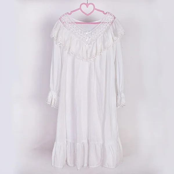Victorian Lace Ruffle Nightgown – White Cotton V-Neck Long Sleeve Sleep Dress
