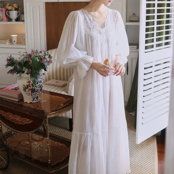 S1d041f76a3db458bab1a6e1165888687Z.webp Vintage Victorian Cotton Lace Nightgown – White V-Neck Short Sleeve Sleep Dress