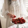 Vintage Victorian Embroidered Cotton Nightgown – White Long Sleeve Victorian Sleep Dress