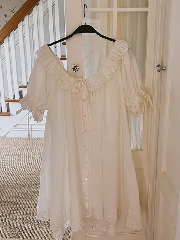 S2360a83b47eb4f60a67faf28595cf1e8z.webp Vintage Cotton Lace Nightgown – White Short Sleeve Sleep Dress