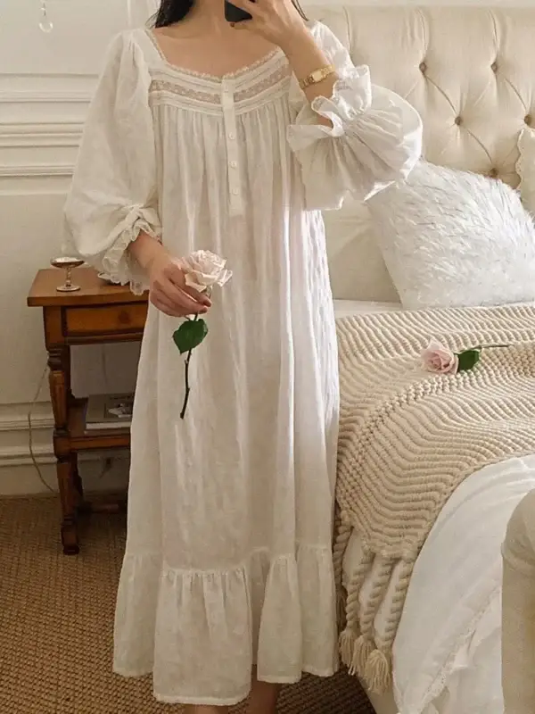 Vintage Victorian Cotton Lace Nightgown – White Square Neck Long Sleeve Sleep Dress