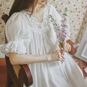 Vintage Victorian Cotton Lace Nightgown – White V-Neck Short Sleeve Sleep Dress