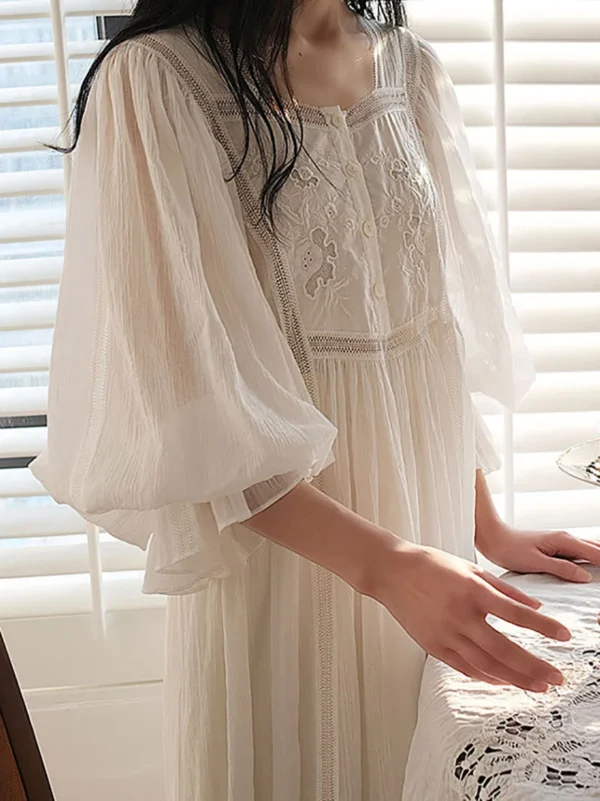 Vintage Victorian Embroidered Cotton Nightgown – White Long Sleeve Victorian Sleep Dress