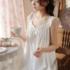 S2cba09c04e6340058b8a53f0757095d6P.webp Victorian Cotton Lace Nightgown – White Sleeveless Square Neck Sleep Dress