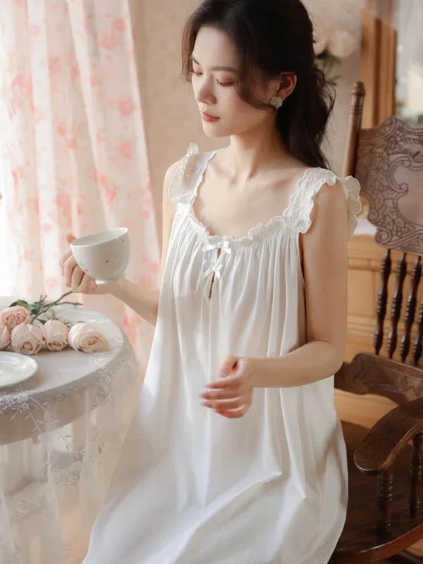 S2cba09c04e6340058b8a53f0757095d6P.webp Victorian Cotton Lace Nightgown – White Sleeveless Square Neck Sleep Dress