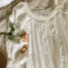 Vintage Victorian Cotton Lace Nightgown – White Square Neck Long Sleeve Sleep Dress