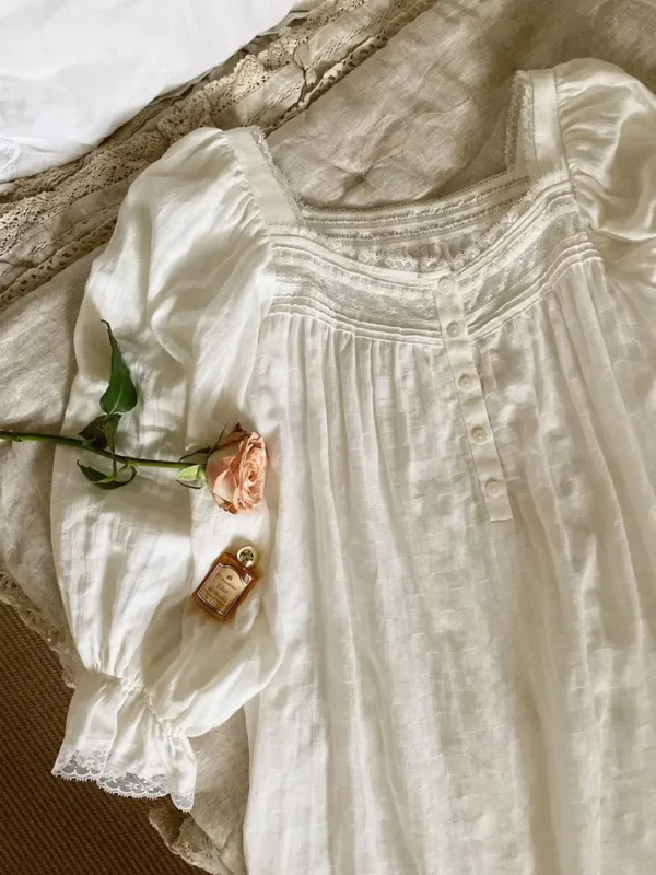 Vintage Victorian Cotton Lace Nightgown – White Square Neck Long Sleeve Sleep Dress