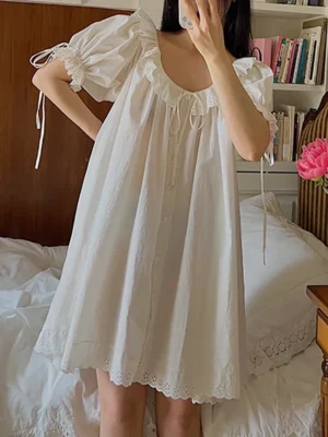 Vintage Cotton Lace Nightgown – White Short Sleeve Sleep Dress