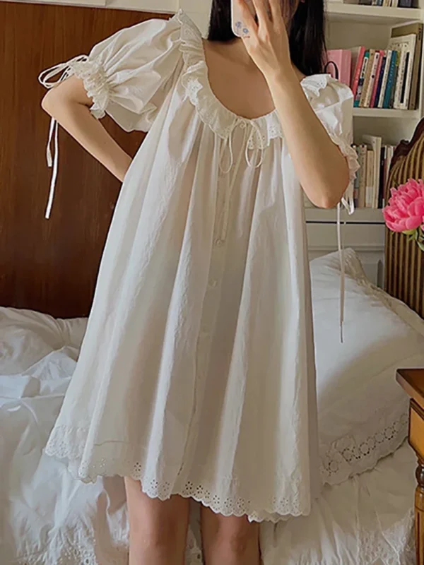 S3b0873125d474b4db710cfe45eda32f8k.webp Vintage Cotton Lace Nightgown – White Short Sleeve Sleep Dress