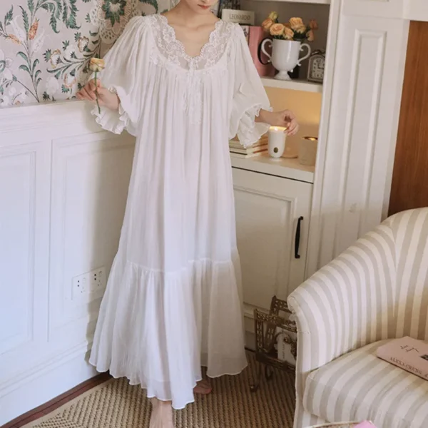 S3ba3030f1f3c4efdb303e2d15b0ad1db6.webp Vintage Victorian Cotton Lace Nightgown – White V-Neck Short Sleeve Sleep Dress