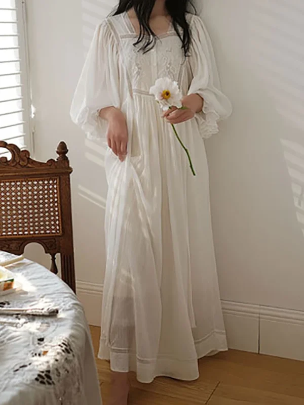 Vintage Victorian Embroidered Cotton Nightgown – White Long Sleeve Victorian Sleep Dress