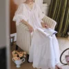S4561a8728c604a399da93aca1968353be.webp Vintage Victorian Cotton Lace Nightgown – White V-Neck Short Sleeve Sleep Dress