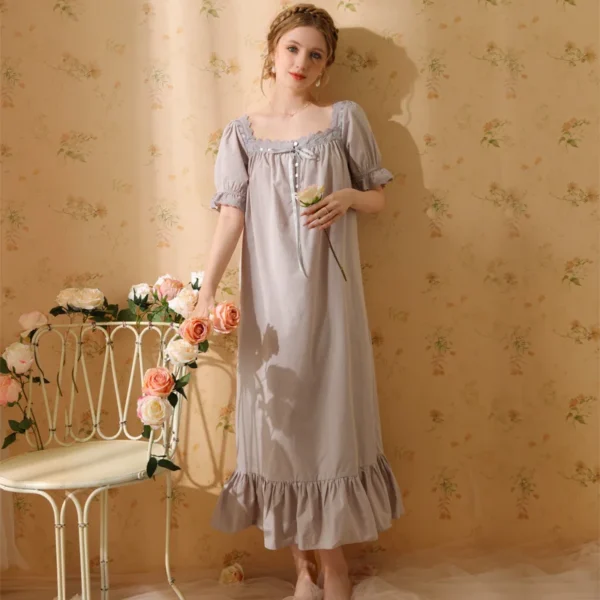 S4634ece8b7ac419692c147c995971a51c.webp French Vintage Cotton Ruffle Nightgown – Square Neck Short Sleeve Sleep Dress