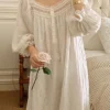 Vintage Victorian Cotton Lace Nightgown – White Square Neck Long Sleeve Sleep Dress