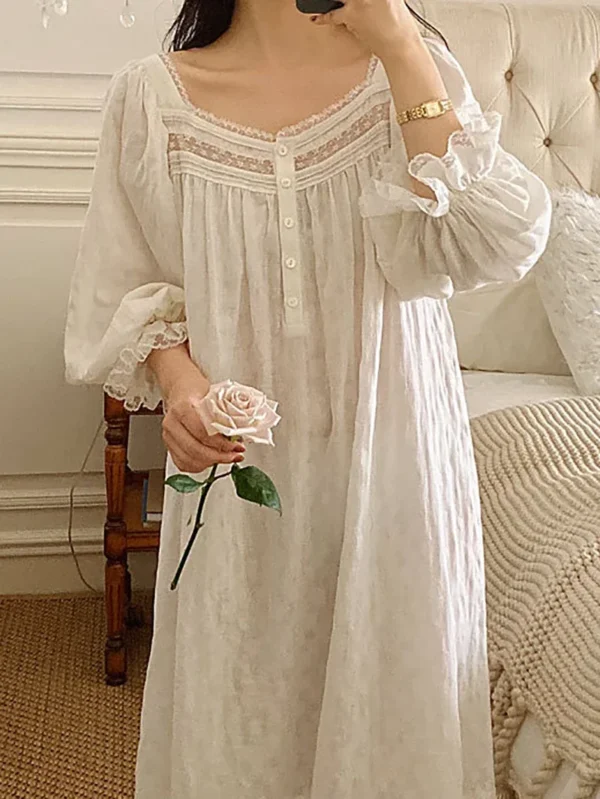 Vintage Victorian Cotton Lace Nightgown – White Square Neck Long Sleeve Sleep Dress