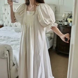 Vintage Victorian Cotton Pintuck Nightgown – Ivory Square Neck Short Sleeve Sleep Dress