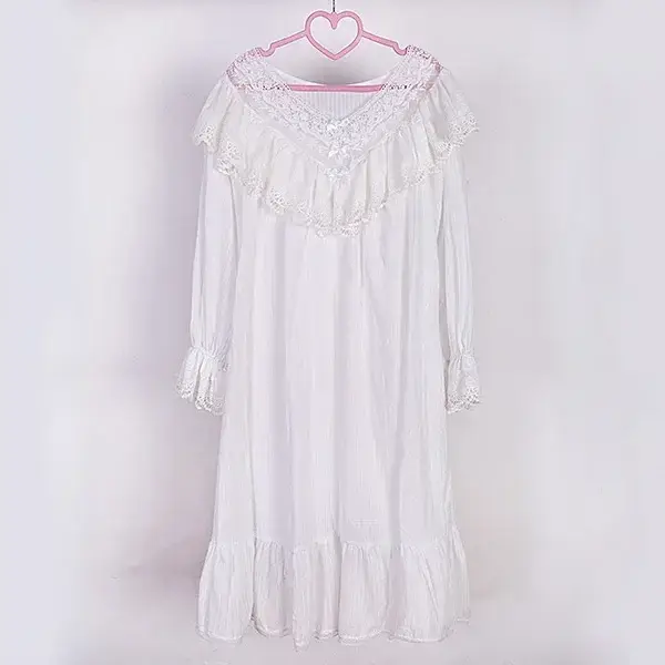 Victorian Lace Ruffle Nightgown – White Cotton V-Neck Long Sleeve Sleep Dress
