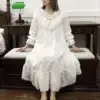 Victorian Lace Ruffle Nightgown – White Cotton V-Neck Long Sleeve Sleep Dress