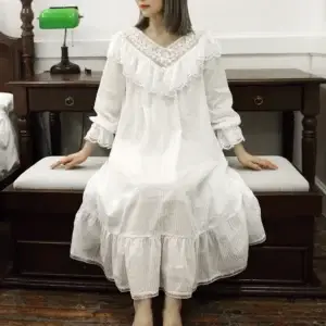 Victorian Lace Ruffle Nightgown – White Cotton V-Neck Long Sleeve Sleep Dress