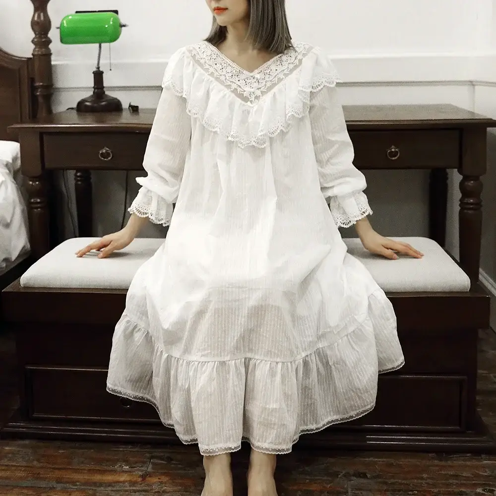 Victorian Lace Ruffle Nightgown – White Cotton V-Neck Long Sleeve Sleep Dress