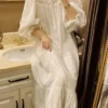 Vintage Victorian Cotton Lace Nightgown – White Square Neck Long Sleeve Sleep Dress