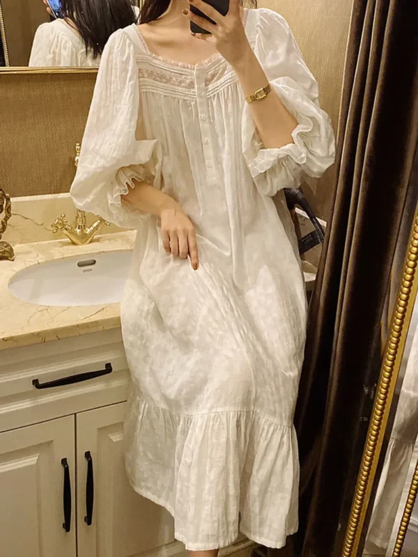 Vintage Victorian Cotton Lace Nightgown – White Square Neck Long Sleeve Sleep Dress