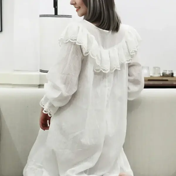 Victorian Lace Ruffle Nightgown – White Cotton V-Neck Long Sleeve Sleep Dress