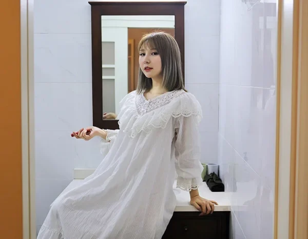 Victorian Lace Ruffle Nightgown – White Cotton V-Neck Long Sleeve Sleep Dress