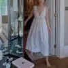 Vintage French Cotton Embroidered Nightgown, Victorian White Sleeveless V-Neck Sleep Dress