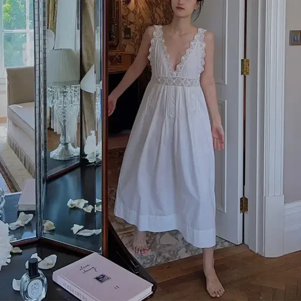 Vintage French Cotton Embroidered Nightgown, Victorian White Sleeveless V-Neck Sleep Dress