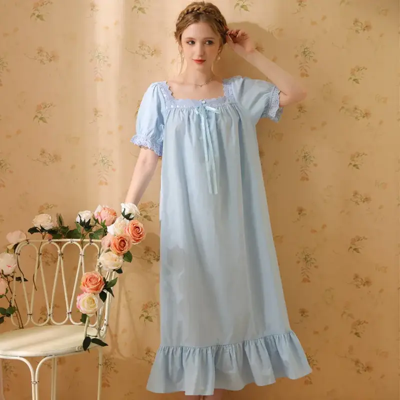 French Vintage Cotton Ruffle Nightgown –  Square Neck Short Sleeve Sleep Dress