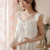 Sa6b68721143f44388dfef3ed80dbd2f3k.webp Victorian Cotton Lace Nightgown – White Sleeveless Square Neck Sleep Dress