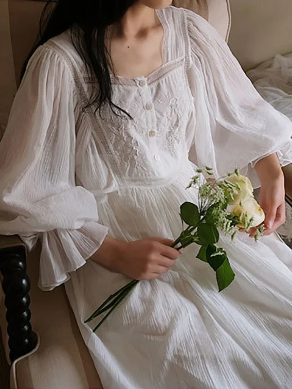 Vintage Victorian Embroidered Cotton Nightgown – White Long Sleeve Victorian Sleep Dress