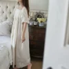 Vintage Victorian Cotton Pintuck Nightgown – Ivory Square Neck Short Sleeve Sleep Dress