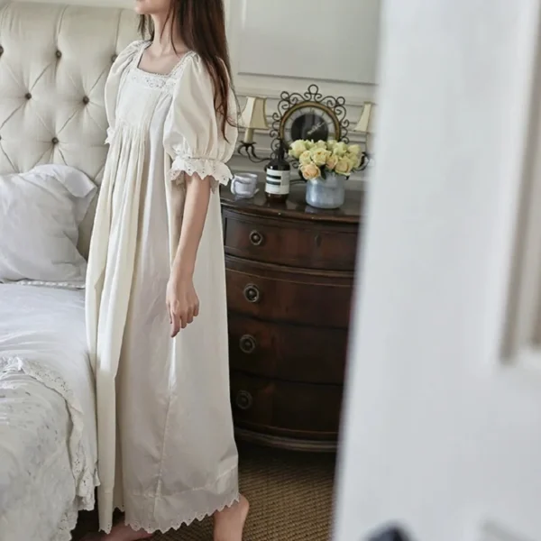 Vintage Victorian Cotton Pintuck Nightgown – Ivory Square Neck Short Sleeve Sleep Dress
