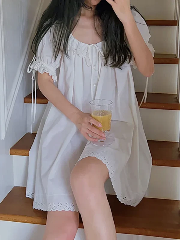 Sab03c99eca34421895bb4d86460eadc23.webp Vintage Cotton Lace Nightgown – White Short Sleeve Sleep Dress