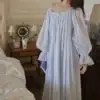 Vintage Cotton Ankle-Length Nightgown – Fresh Blue Long Sleeve Victorian Sleep Dress