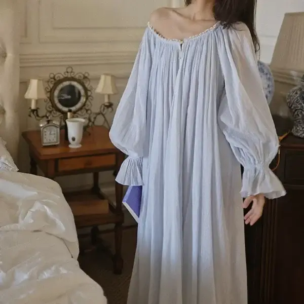 Vintage Cotton Ankle-Length Nightgown – Fresh Blue Long Sleeve Victorian Sleep Dress