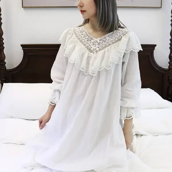 Victorian Lace Ruffle Nightgown – White Cotton V-Neck Long Sleeve Sleep Dress