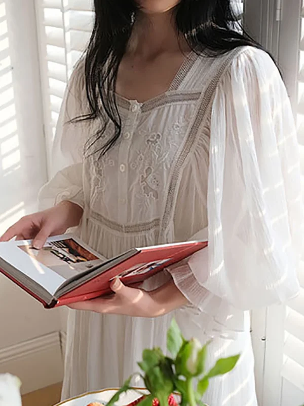 Vintage Victorian Embroidered Cotton Nightgown – White Long Sleeve Victorian Sleep Dress