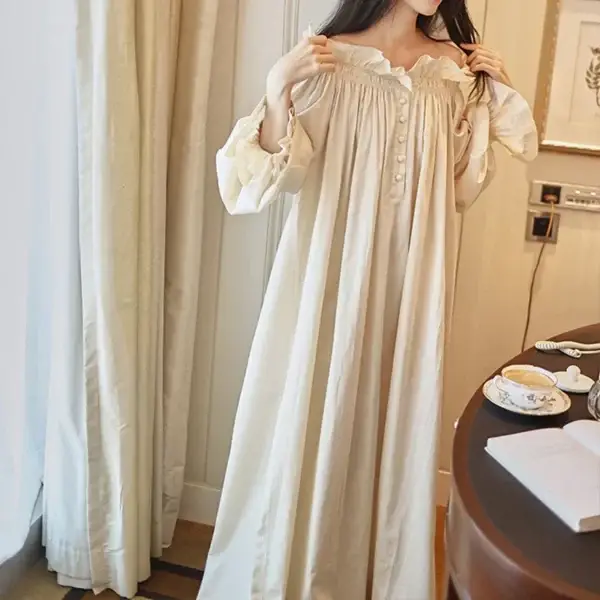 Sb4c064d69e1a48f1ad0b8f28c7964d79p.webp Vintage Off-Shoulder Cotton Nightgown – Apricot Long Sleeve Sleep Dress
