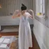 Vintage French Cotton Embroidered Nightgown, Victorian White Sleeveless V-Neck Sleep Dress