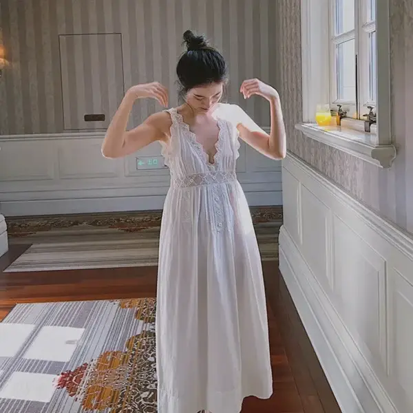 Vintage French Cotton Embroidered Nightgown, Victorian White Sleeveless V-Neck Sleep Dress